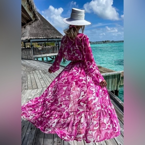 Bohemian Pretty in Pink Elegant Swimsuit Coverup Kimono Dress - Picture 2 of 3